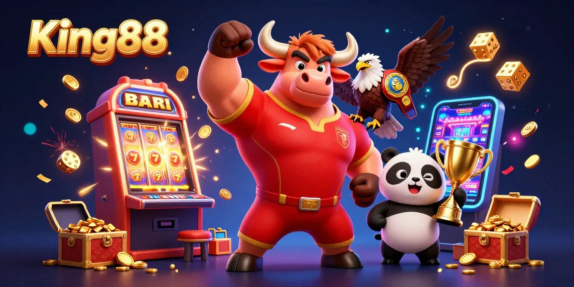 Experience thrilling gameplay at King88 as a bull mascot, eagle, and panda celebrate amidst jackpot riches.