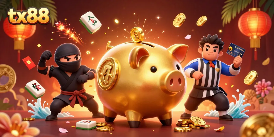 Engage in thrilling casino action with tx88 featuring a dynamic cartoon scene of a sumo wrestler, ninja, and referee.