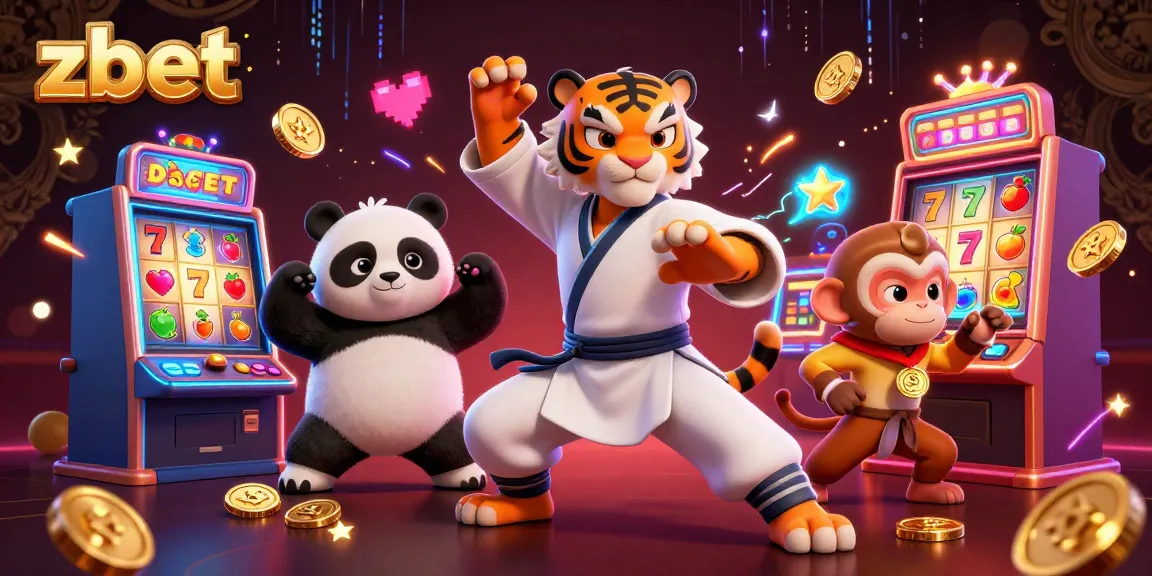 Engage in thrilling slots action at zbet featuring a kung fu tiger master with vibrant casino elements.
