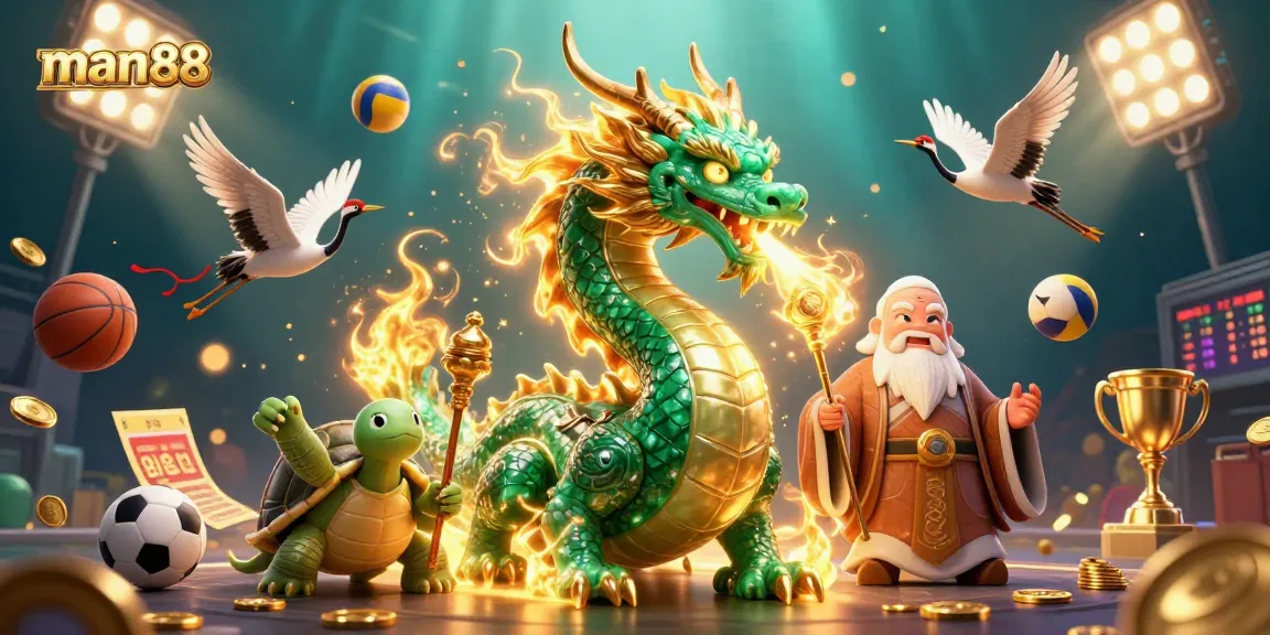 Experience man88's thrilling gambling realm with dynamic dragons, lucky cranes, and vibrant sports elements.