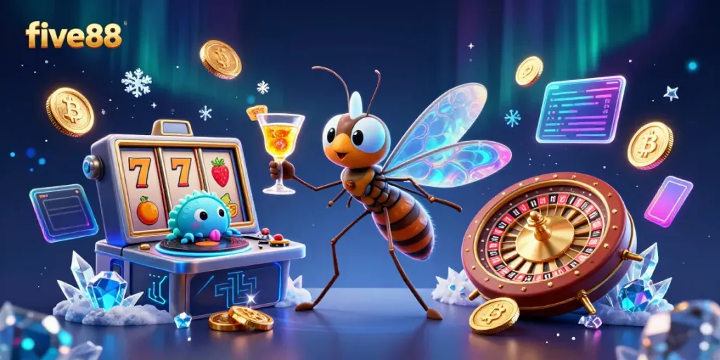 Engage with five88's exciting casino entertainment featuring a unique frozen mosquito mascot.
