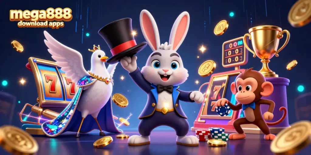 Engage with mega888 download apps through a vibrant 3D illustration of a magician rabbit and casino elements for thrilling gaming.