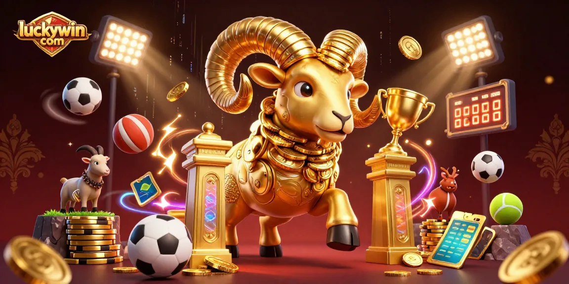 Experience thrilling gameplay at luckywin com with dynamic sports elements and a golden ram engaging at a casino gate.