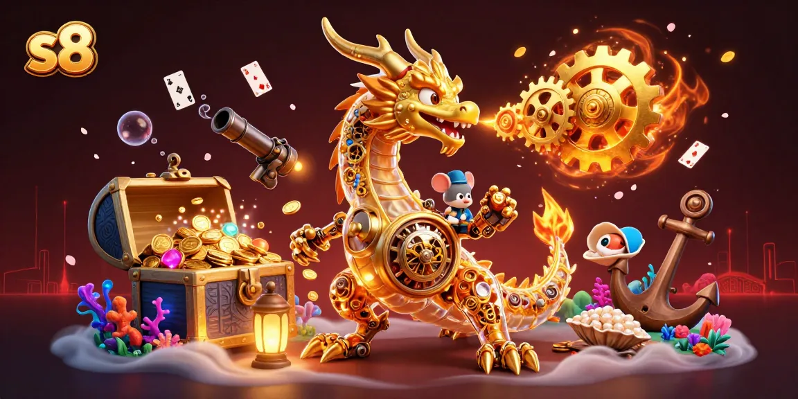 Experience the thrilling world of s8 with a golden dragon and gold-filled treasure in a lively casino scene.