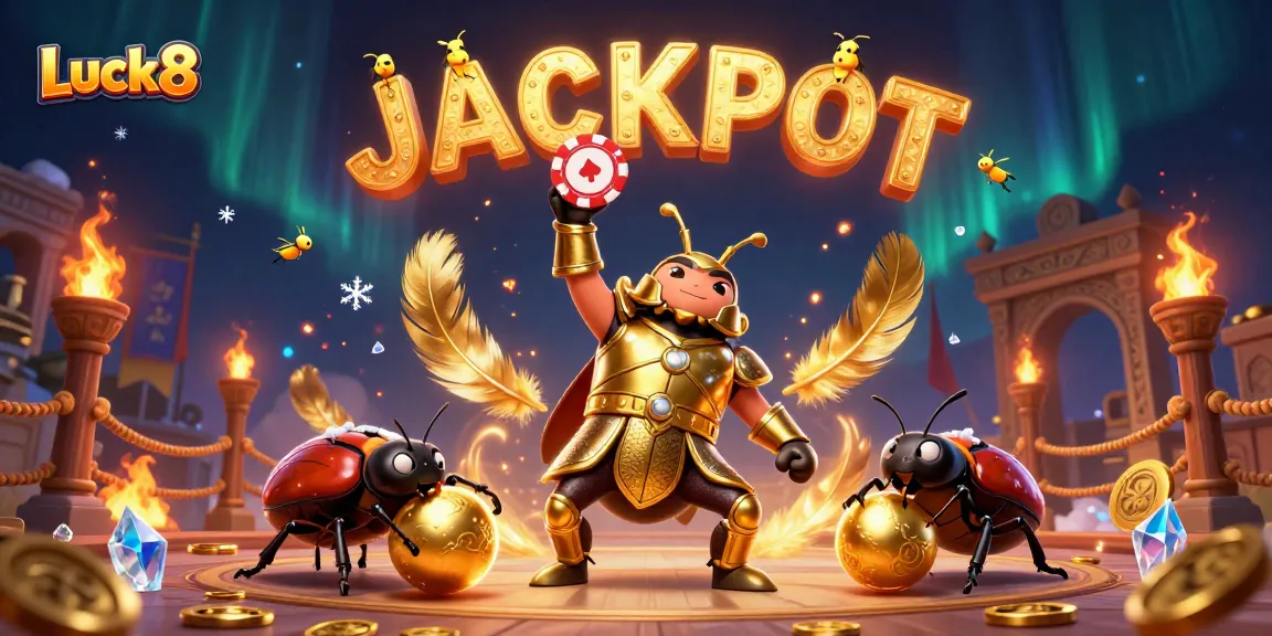 Luck8 showcases an electrifying victory scene with a beetle lifting a poker chip and dancing fireflies.
