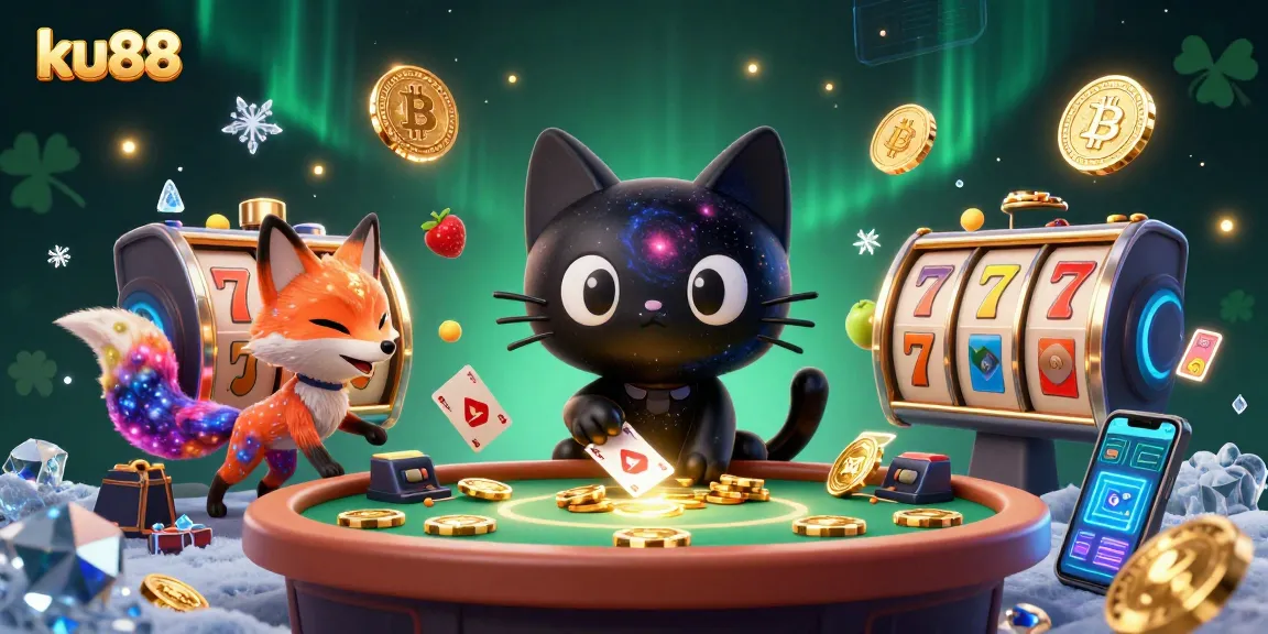 ku88 cat pulls in chips at a cosmic casino with vibrant slot symbols and crypto coins.