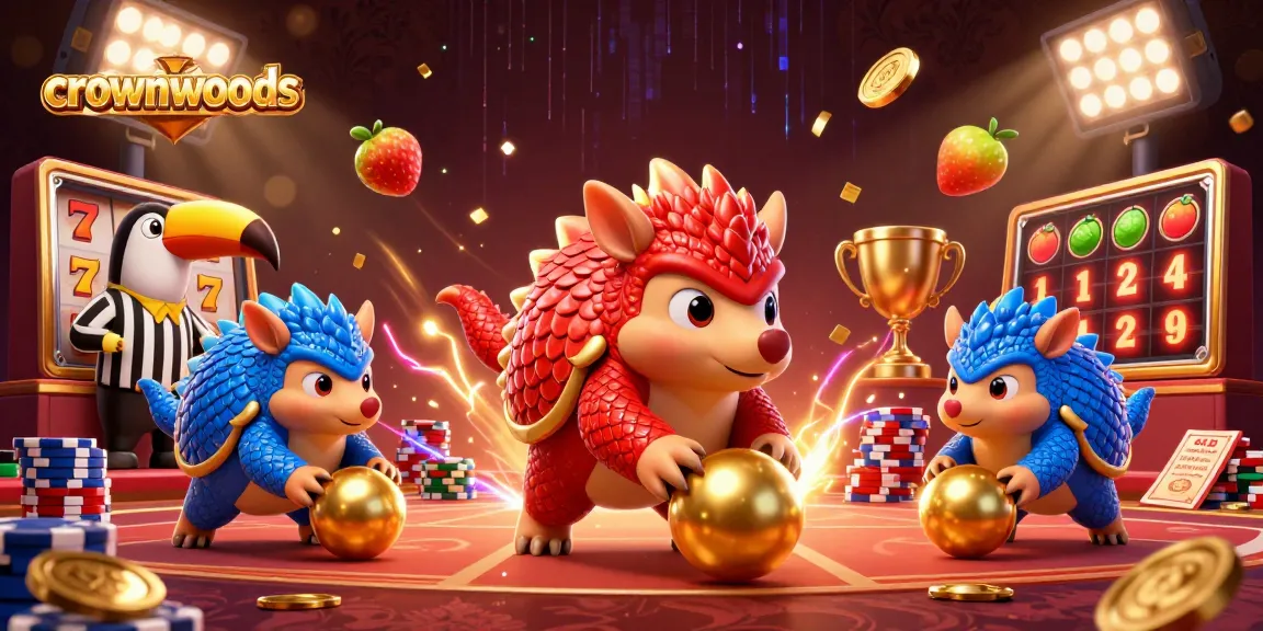 Crownwoods showcases rival pangolins bowling through poker chips with thrilling slot gaming elements.
