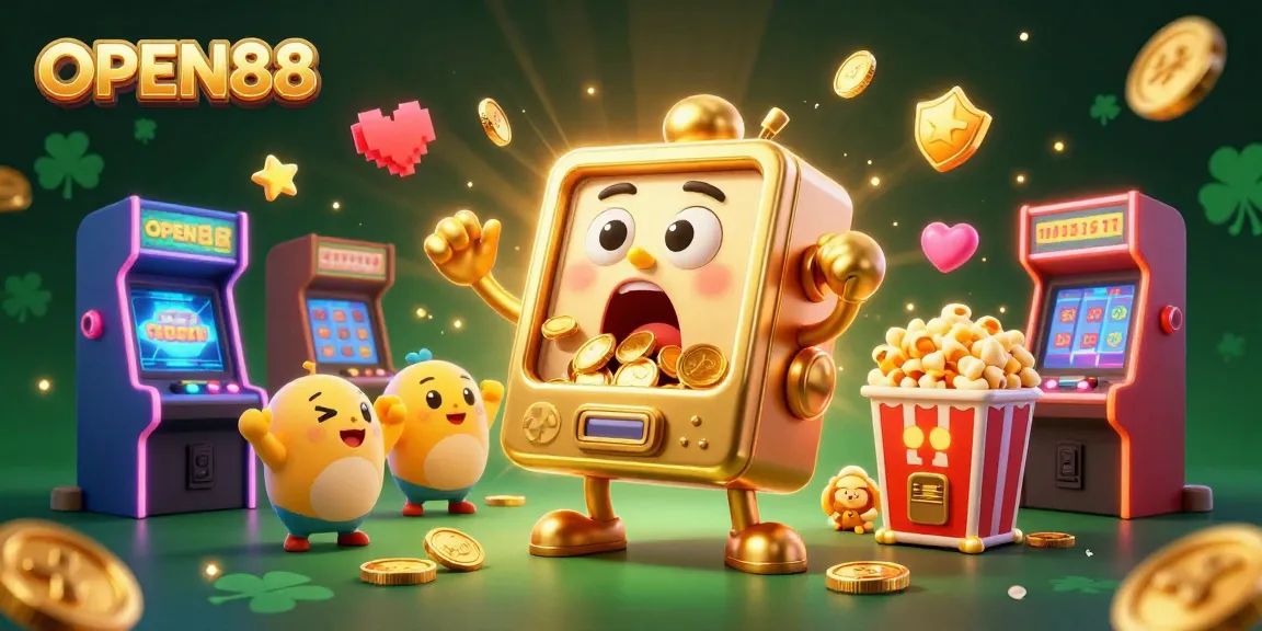 Engage with OPEN88's thrilling gaming experience as a golden slot machine celebrates a jackpot with cheerful companions.