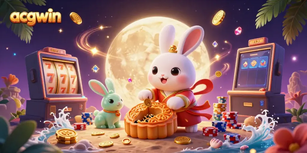 Experience acgwin's vibrant gaming world with a moon rabbit and slot machine spins in a dynamic 3D scene.