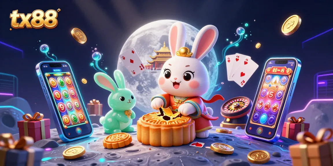 tx88 moon rabbit paves golden mooncakes revealing poker chips in a vibrant casino-themed 3D scene.
