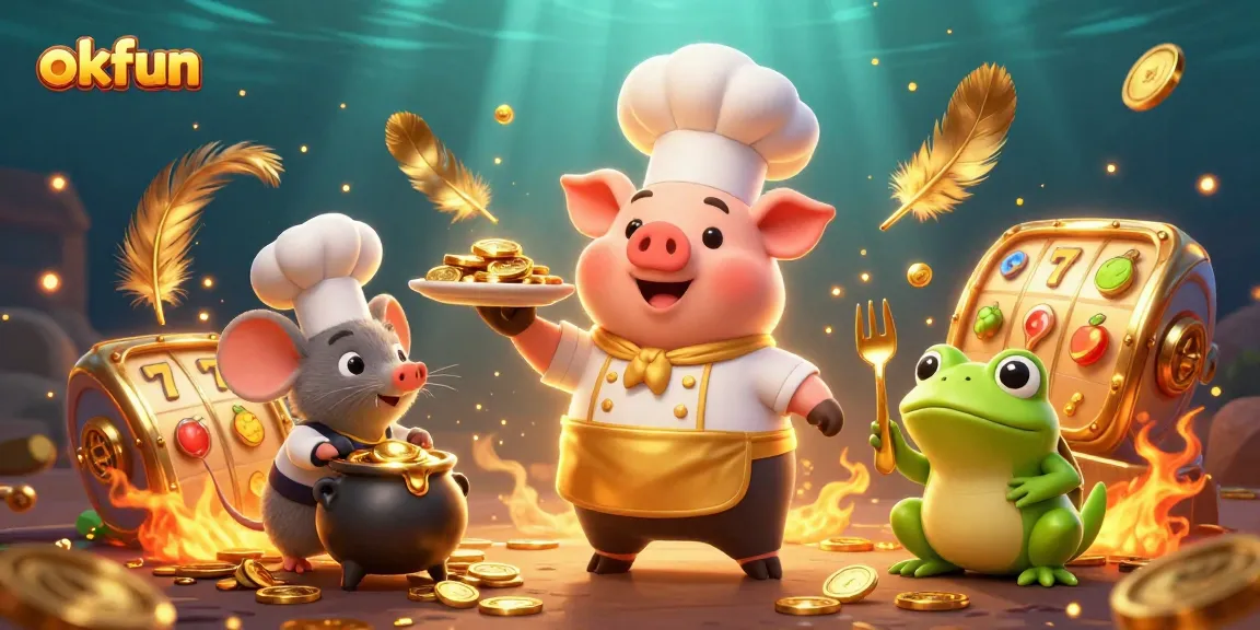 Win big with okfun’s vibrant casino scene featuring a chef pig serving gold coins amidst thrilling slot game elements.