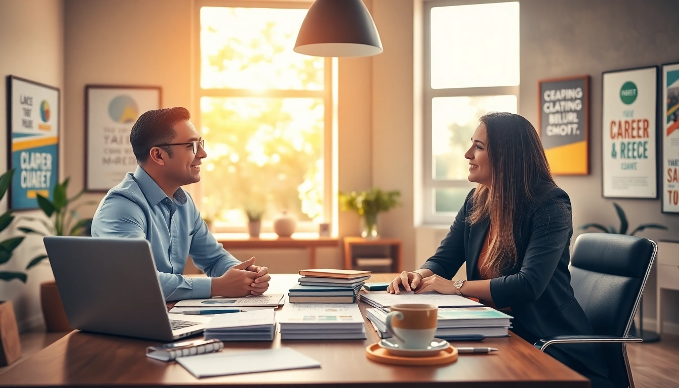 Engaging scene of career coaching, showcasing a professional discussion with career resources.