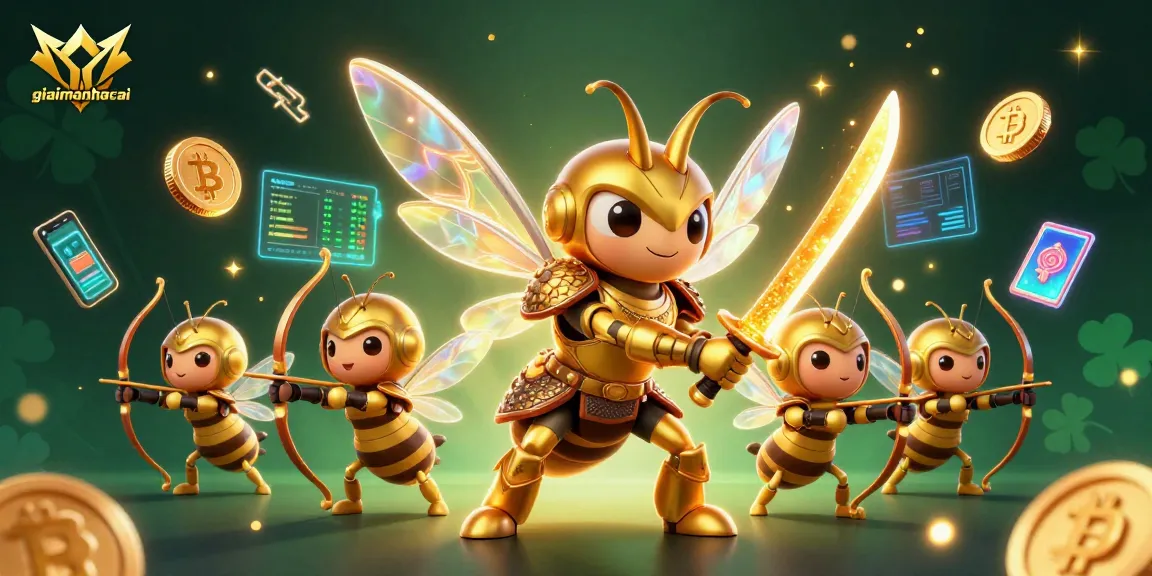 Engage in exciting online gambling with giaimanhacai's vibrant 3D illustration showcasing crypto elements and animated characters.