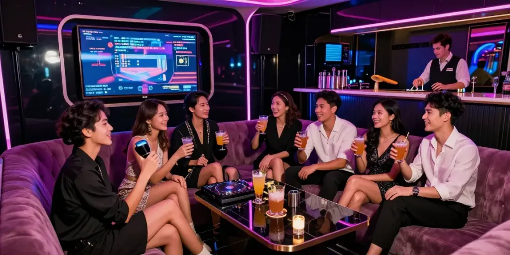 강남달토에서 친구들과 즐거운 시간을 보내는 화려한 카라오케 라운지 장면.