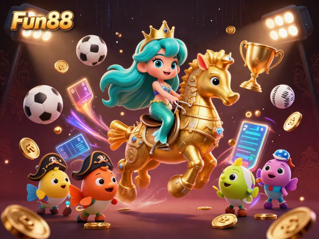 Join the excitement of Fun88 with a dynamic scene featuring a mermaid princess, seahorse, and sports elements.