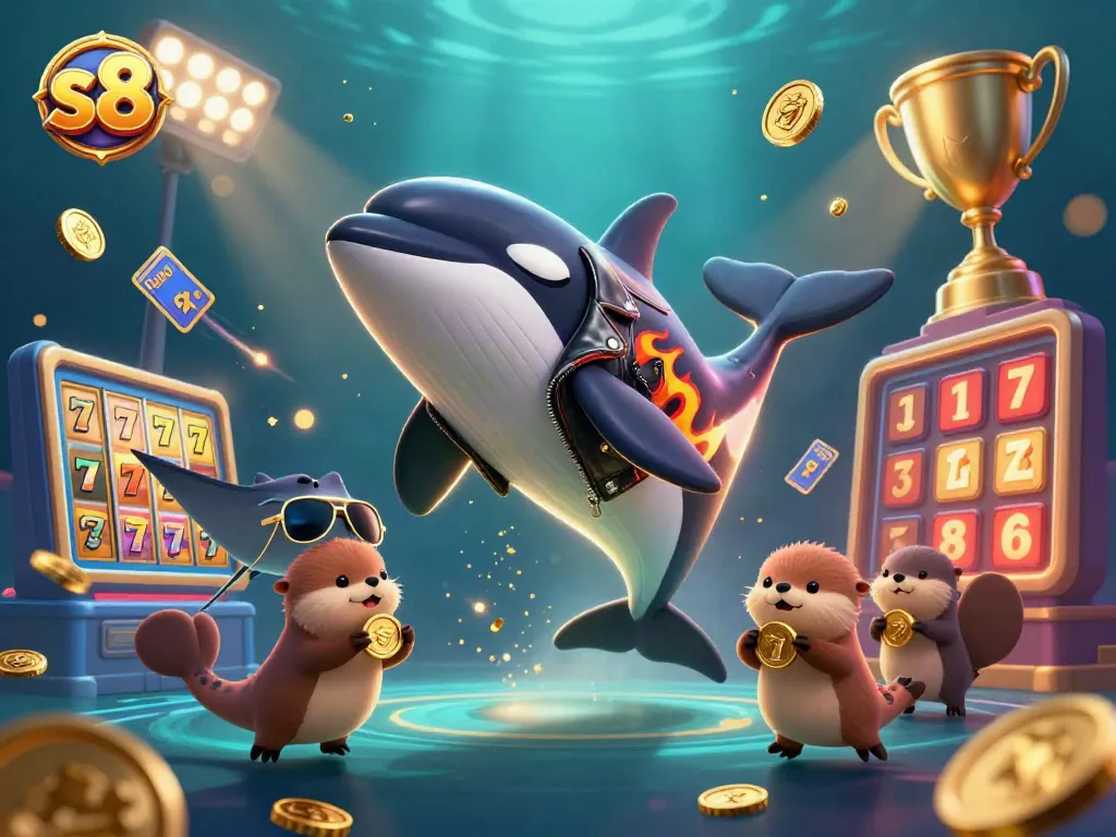 Win big with s8's exciting gaming adventures featuring cartoon characters and slot reels.