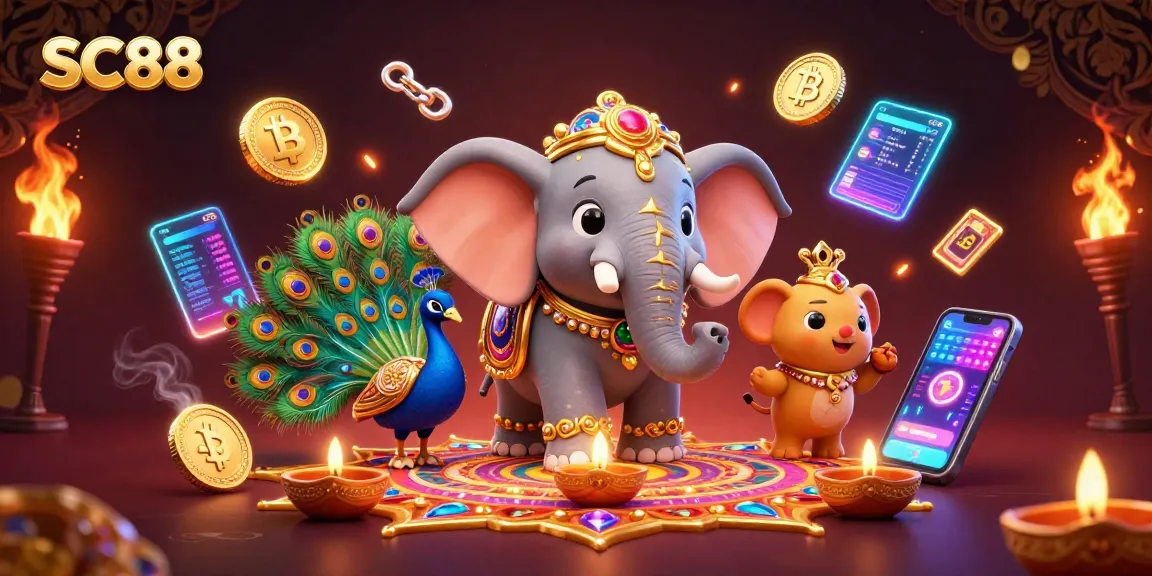 Engage with SC88's vibrant casino experience featuring a colorful elephant, crypto elements, and dynamic gaming action.