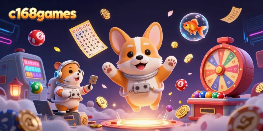 Engage with c168games through animated lottery balls, vibrant casino elements, and whimsical characters.