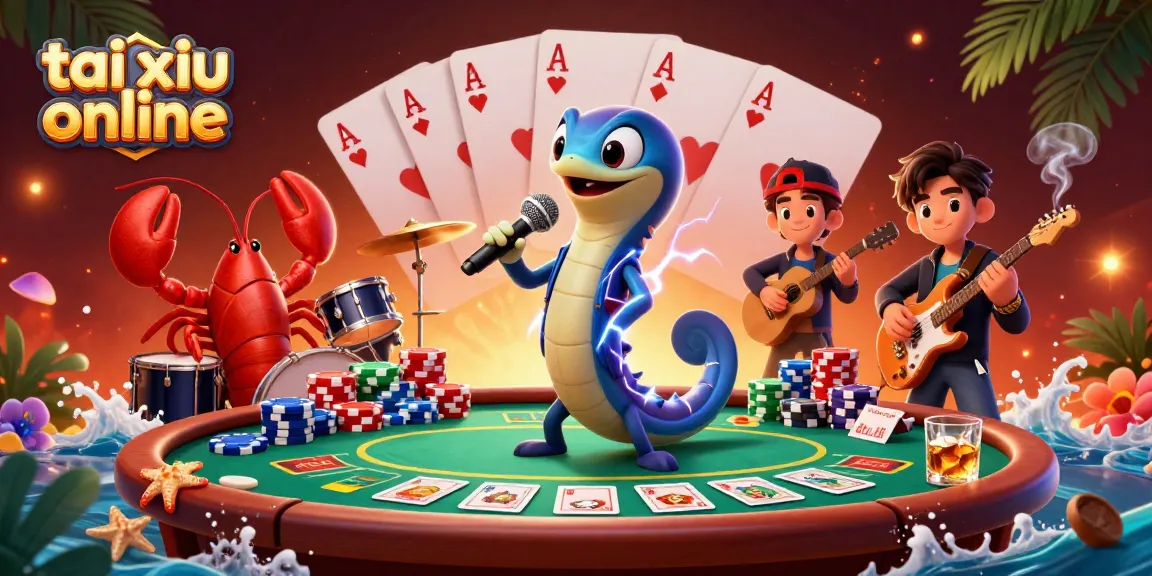 Tai Xiu online immersive gameplay with electric eel DJ, lobster drummer, and seahorse guitarist in a vibrant underwater casino.