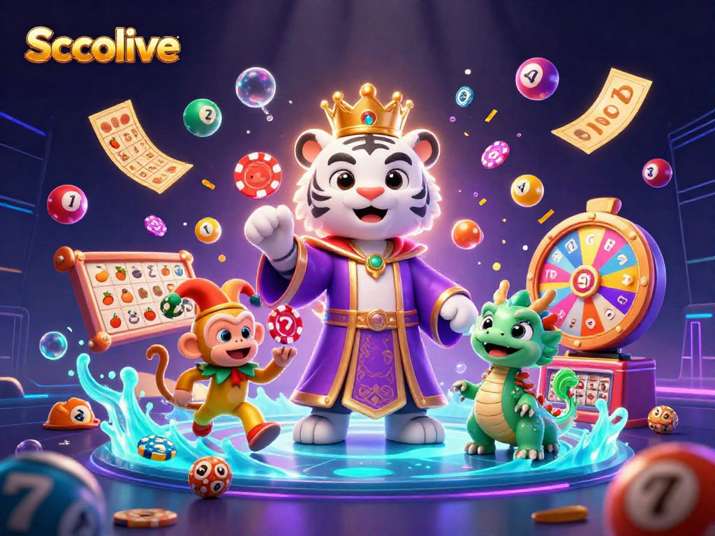 Socolive showcases a vibrant 3D casino scene with a royal tiger and playful monkey amidst spinning slot reels and colorful bingo elements.
