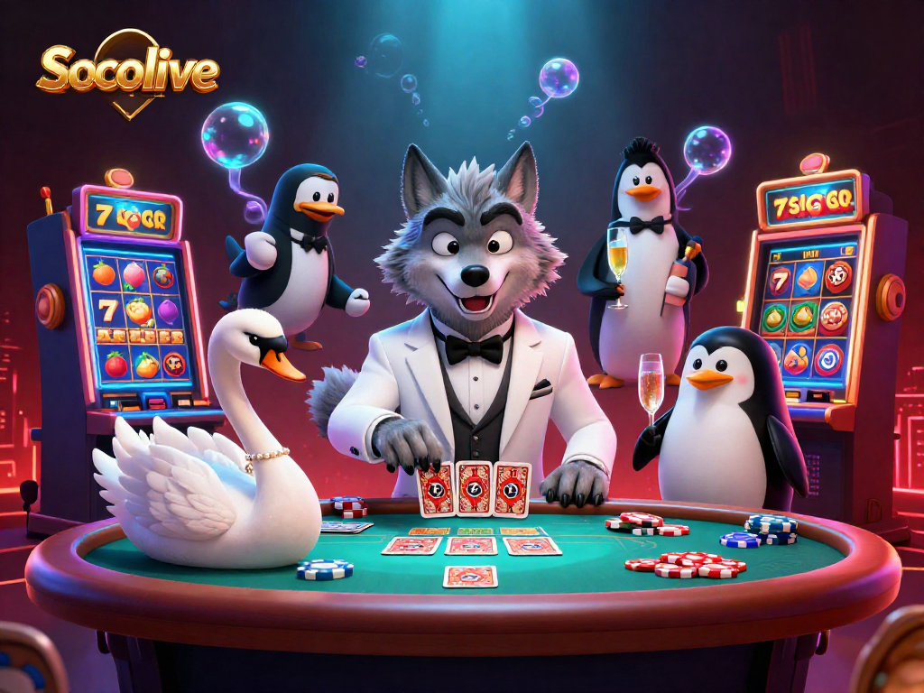 Socolive enhances gaming excitement with a vibrant illustration of a wolf, swan, and penguin focused on baccarat and casino games.