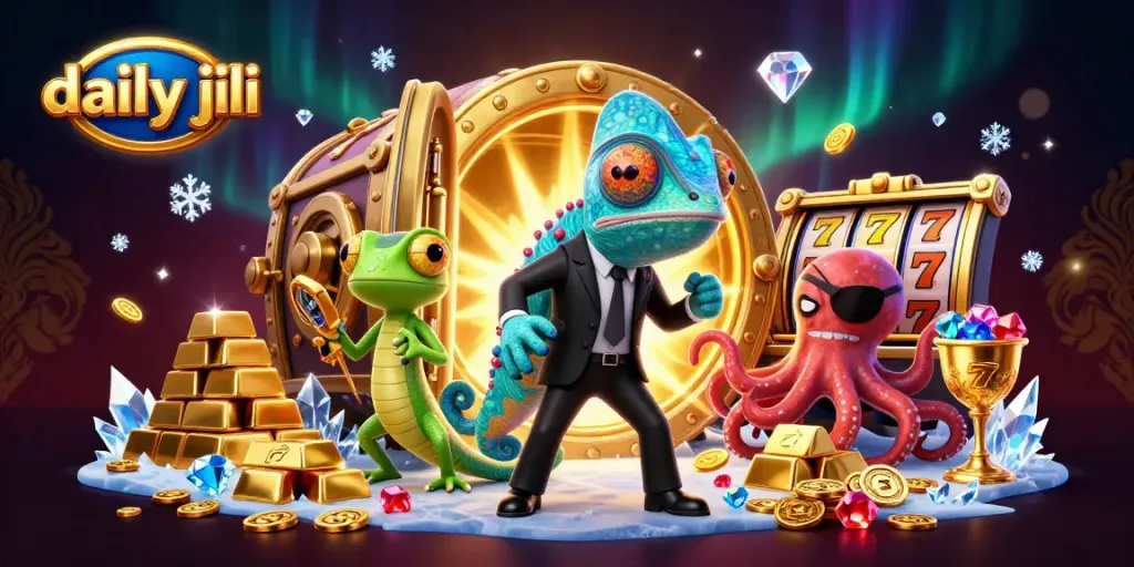 Spin daily jili slots with captivating gold treasures and vibrant characters in a 3D illustration.
