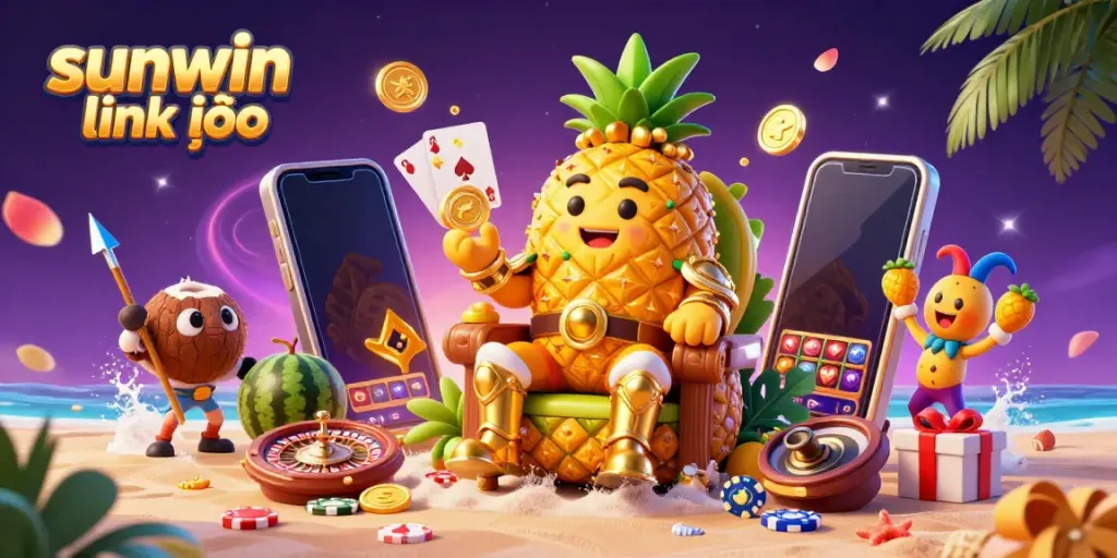 Experience the vibrant sunwin link vào scene with a golden pineapple king and exciting casino elements.