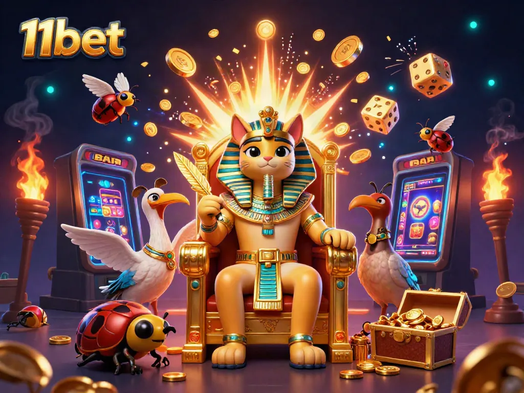 Engage with 11bet's exciting gaming experience featuring a pharaoh cat, slot machines, and jackpots.