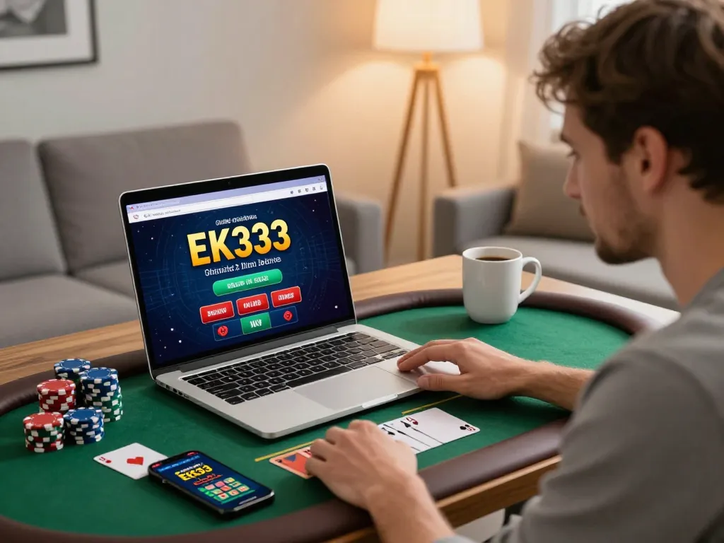 Engaging gameplay on EK333 online casino with user strategizing using a laptop at home.