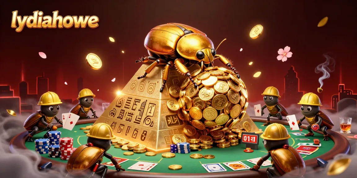 Queue up your wins with Lydia Howe's thrilling casino illustration featuring golden beetles.