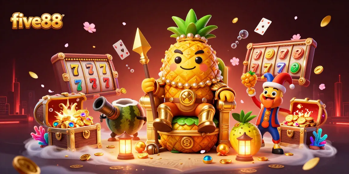 Explore the five88 casino with golden pineapple king amidst vibrant slot game elements.