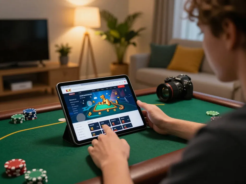 The user explores the KJC website for online gambling options in a cozy home setting.