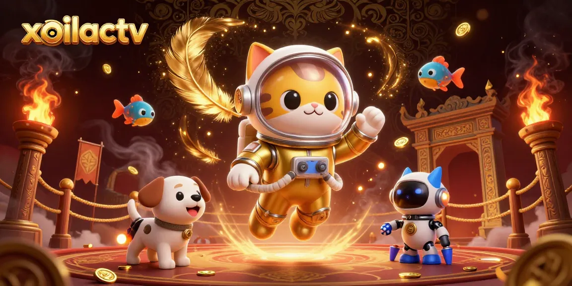 Boost your gaming experience with xoilactv featuring a cat astronaut and robot dog in a cosmic casino scene.