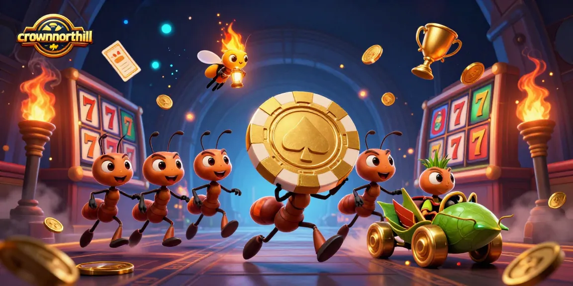 Experience thrilling action at crownnorthill with our animated ants carrying a golden poker chip and dynamic slot elements.