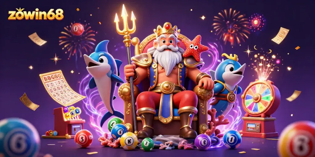 Experience the excitement of zowin68 with Neptune, games, and lottery elements in a vibrant casino scene.