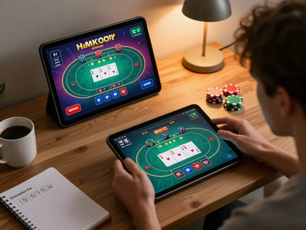Player enjoying TR88 online gambling on tablet, showcasing engaging poker game strategies in a cozy setting
