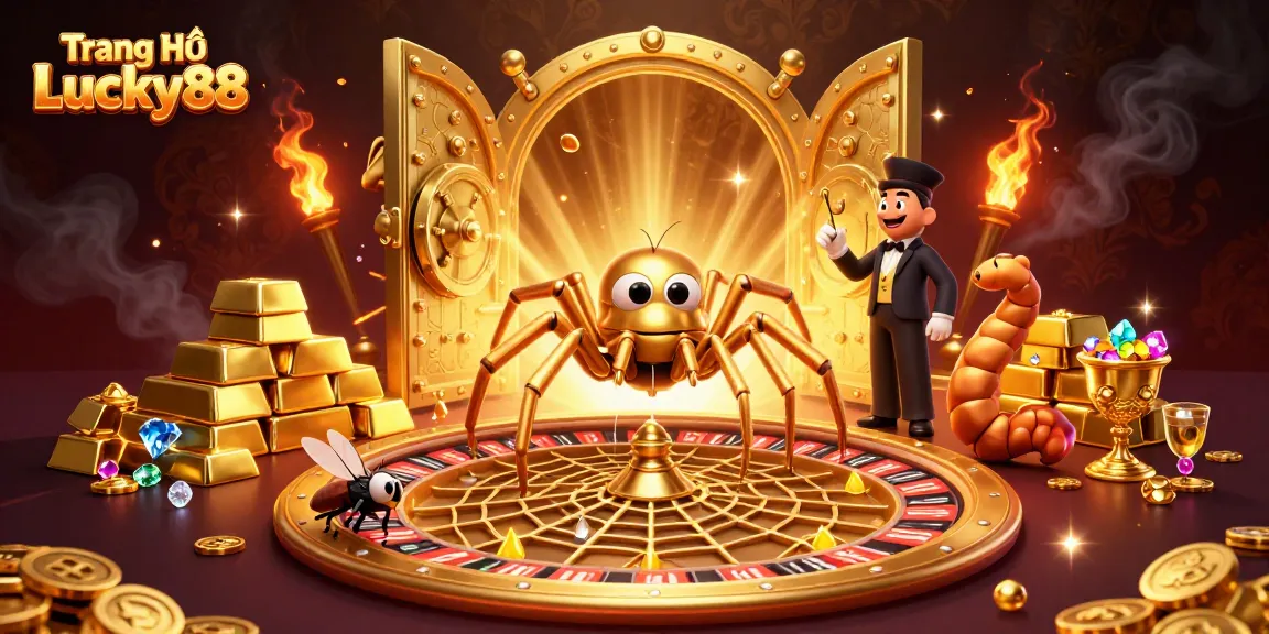 Experience the excitement of Trang Chủ Lucky88 with a 3D illustration of a golden roulette wheel, spider, and dynamic elements.