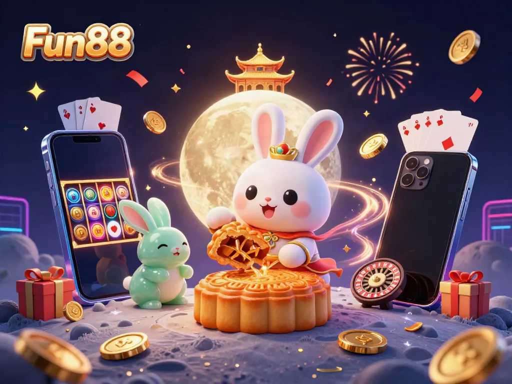 Experience Fun88's vibrant casino vibe with playful moon rabbits and dynamic gaming elements celebrating on the moon.