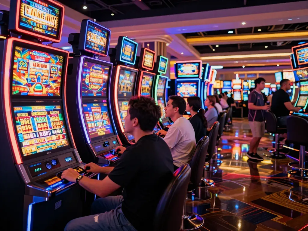 Players engaged with slot gacor hari ini at exciting casino, showcasing colorful machines and dynamic gameplay.
