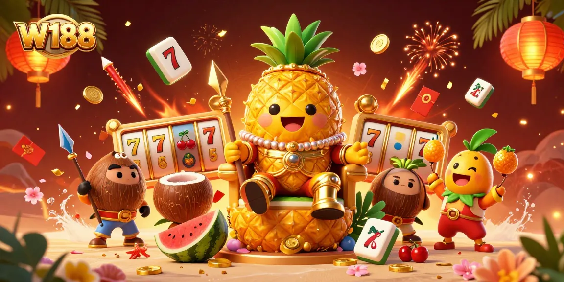 Win big with W188 in a vibrant Caribbean-inspired casino scene featuring slot reels.