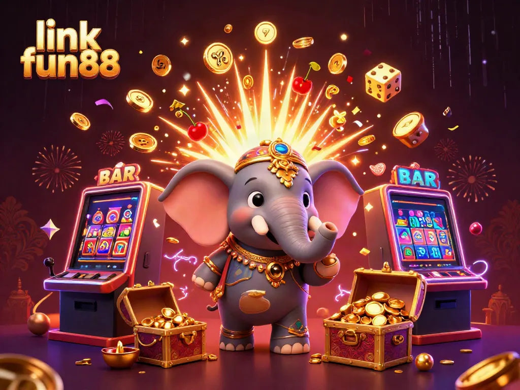 Experience the thrill of link fun88 with a vibrant 3D casino illustration showcasing exciting games and jackpots.