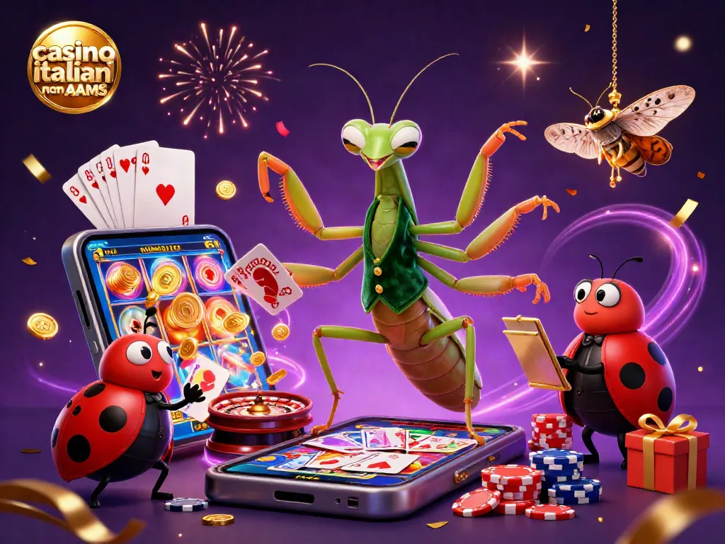 Scopri i casinò italiani non AAMS in un'illustrazione 3D vibrante con giochi e premi.