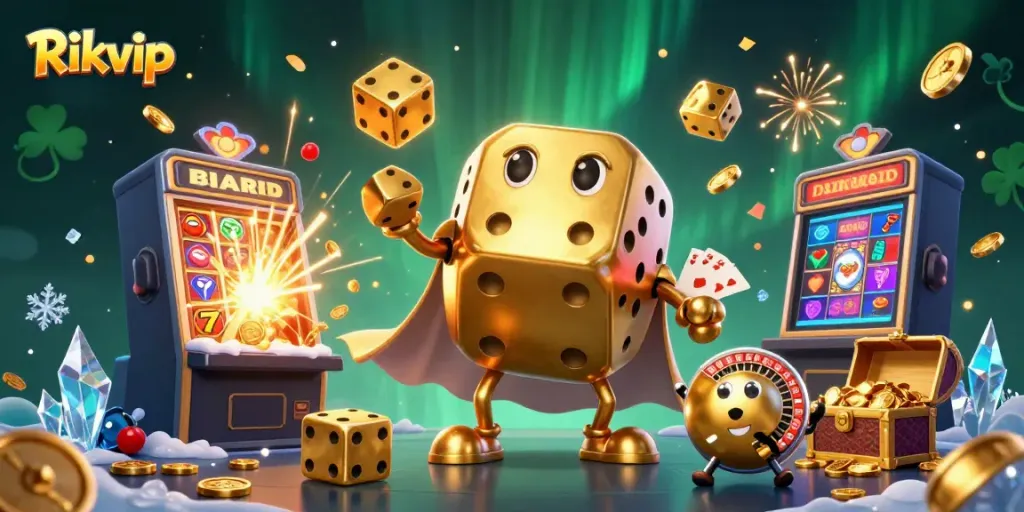 Experience Rikvip gaming magic with vibrant slots, dazzling symbols, and golden dice in an animated illustration.
