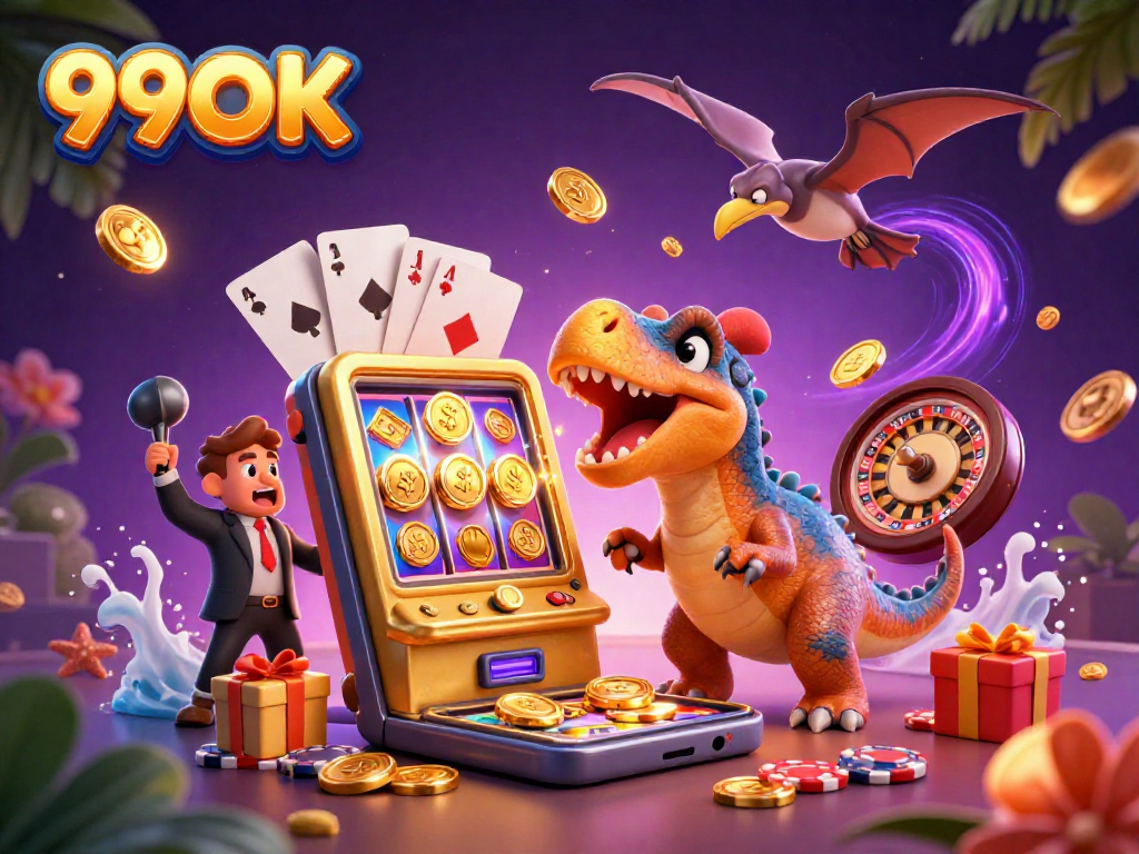 99OK casino scene featuring a dino winning slots, showcasing excitement and jackpot coins
