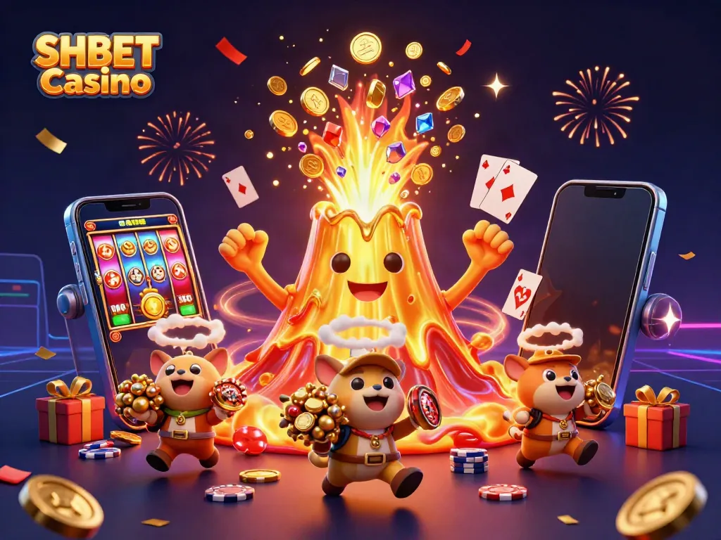 Experience the excitement at SHBET Casino with a lively 3D scene of treasures and games.