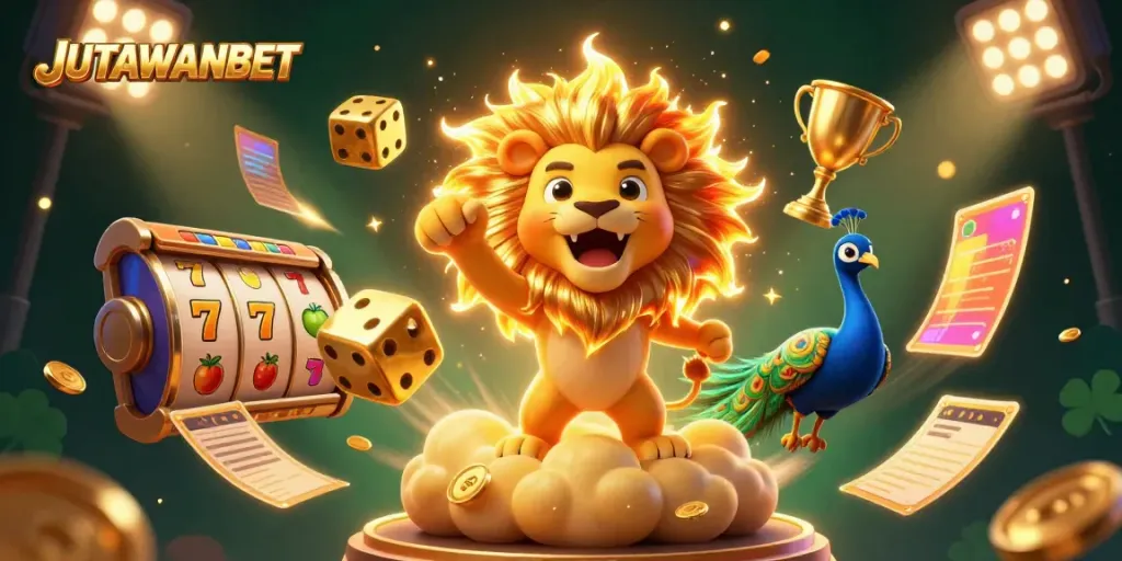 Experience the excitement of JUTAWANBET with dynamic 3D elements representing online slots and gaming