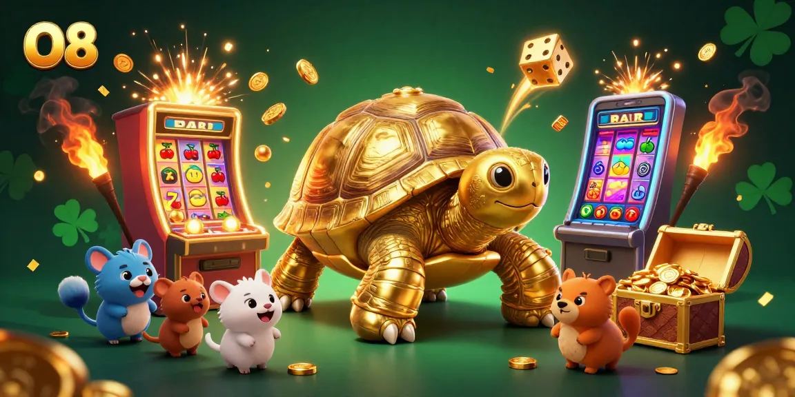 Play exciting slot games at O8, featuring a golden tortoise pinball machine amidst vibrant casino elements.