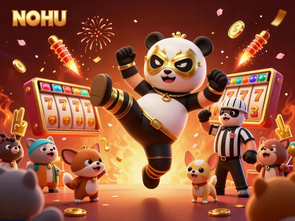 Engage with NOHU's vibrant casino scene, featuring a wrestler panda performing amid action-packed slot elements.