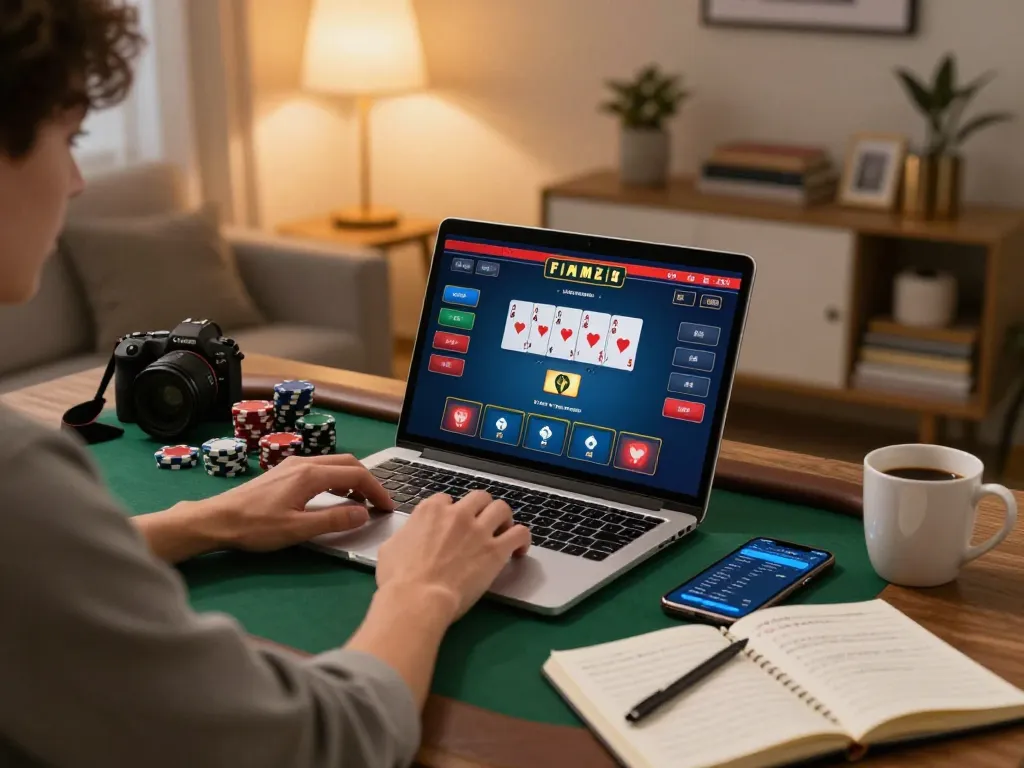 Duitgini player engaging in a strategic online poker game with focused ambiance and betting notes.