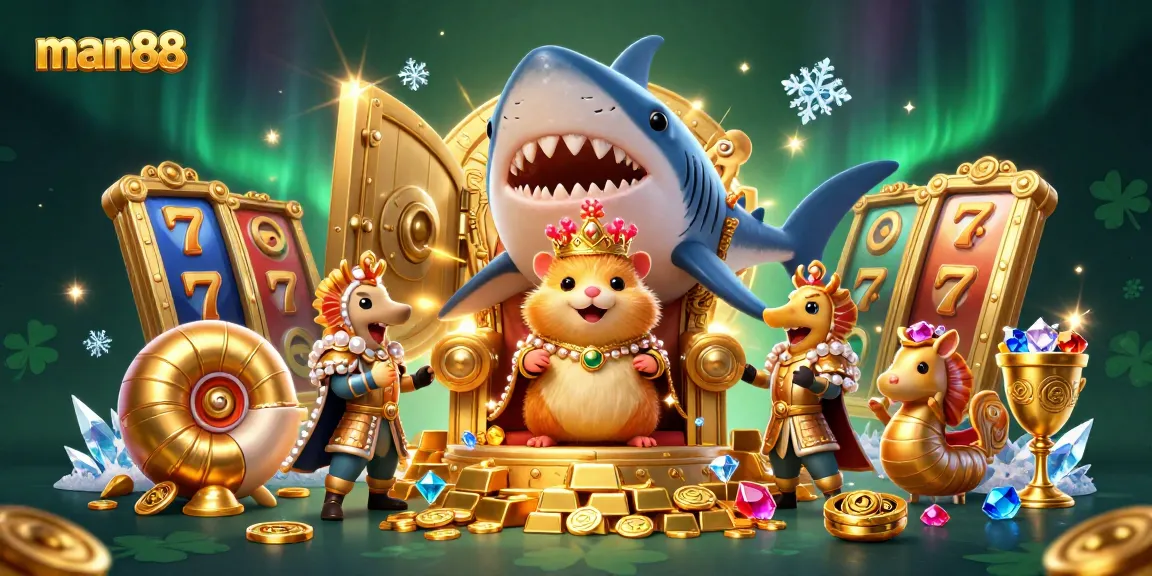 Join the excitement at man88 with a vibrant casino scene featuring treasure and lucky symbols.